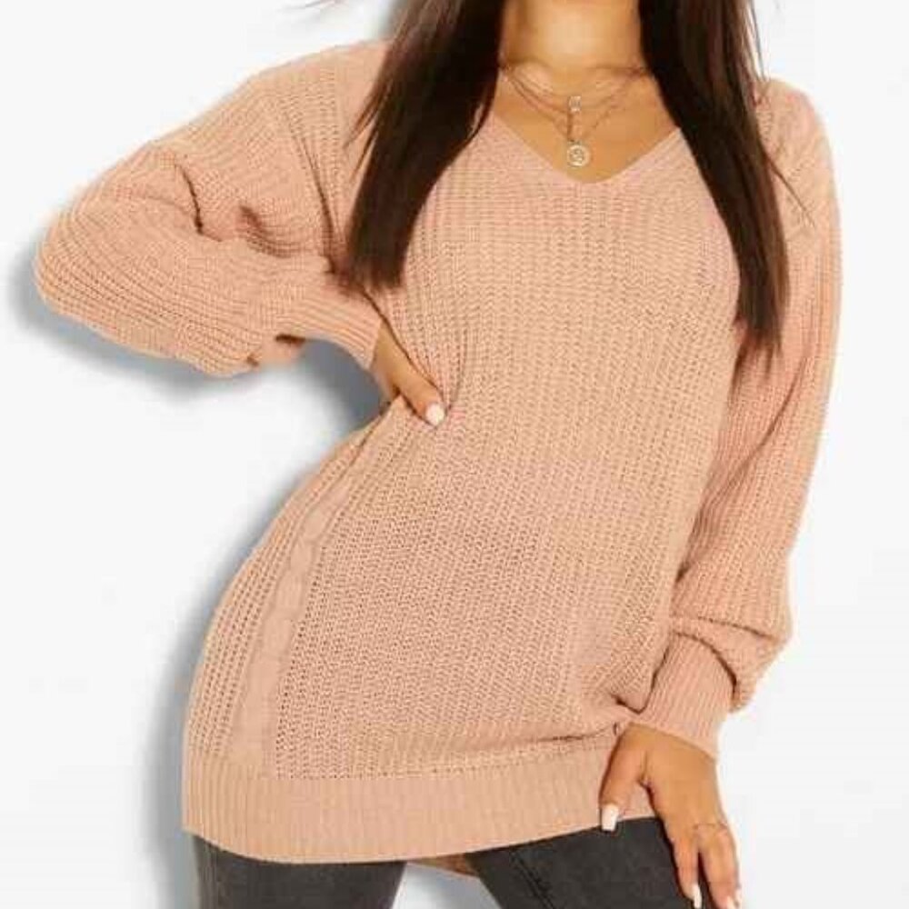 Boohoo Sweater Dress Basic V Neck Stone Color Size Medium